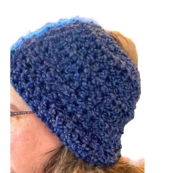 Hand Crafted Hat Headband Blue Crochet Pony Tail Beanie Chunky Ear Warmer Wrap - Picture 8 of 8